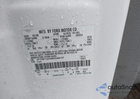 2008 Ford F-150 Stx/Xl/Xlt z USA, uszkodzony, nr VIN 1FTRF122X8KD44137